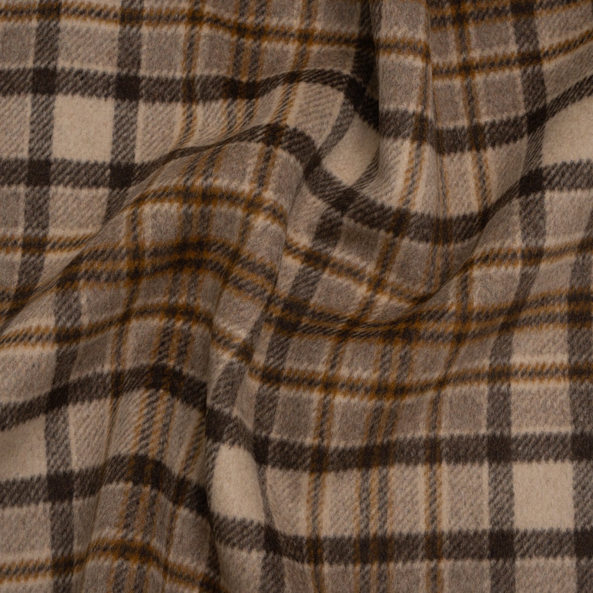 Brushed Wool Blend Double Cloth Twill Coating - Brown Tan and Beige Plaid - Deadstock