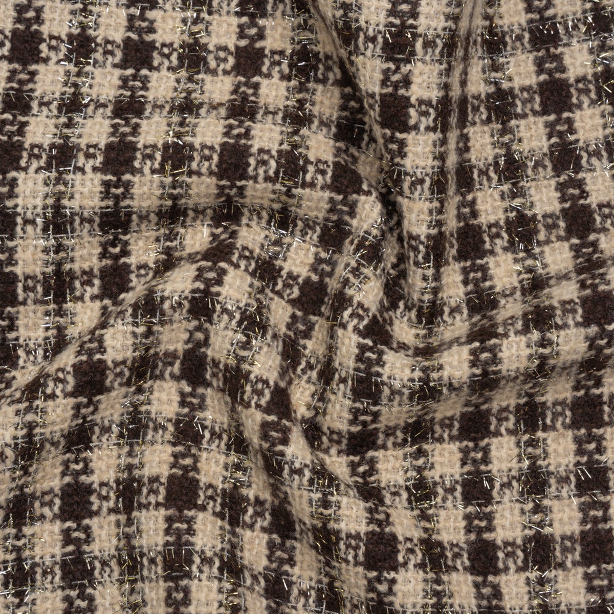Metallic Wool Blend Boucle Tweed with Eyelash Fringe - Brown and Cream Checks - Deadstock