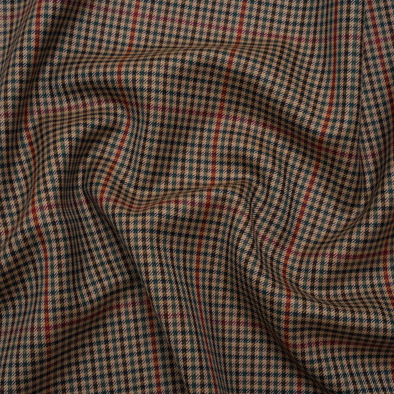 Virgin Merino Wool Twill Suiting Made in Italy - Brown, Red and Blue Checks