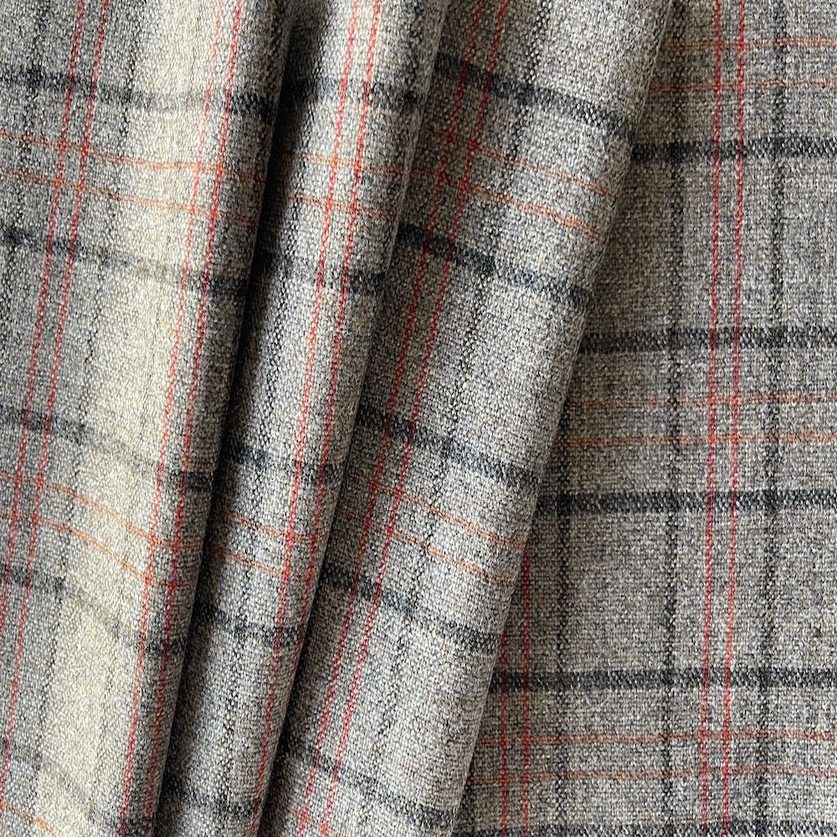 Lanificio di Pray Mid-Weight Understated Elegance Greige & Vermilion Wool Tweed Plaid (Made in Italy)