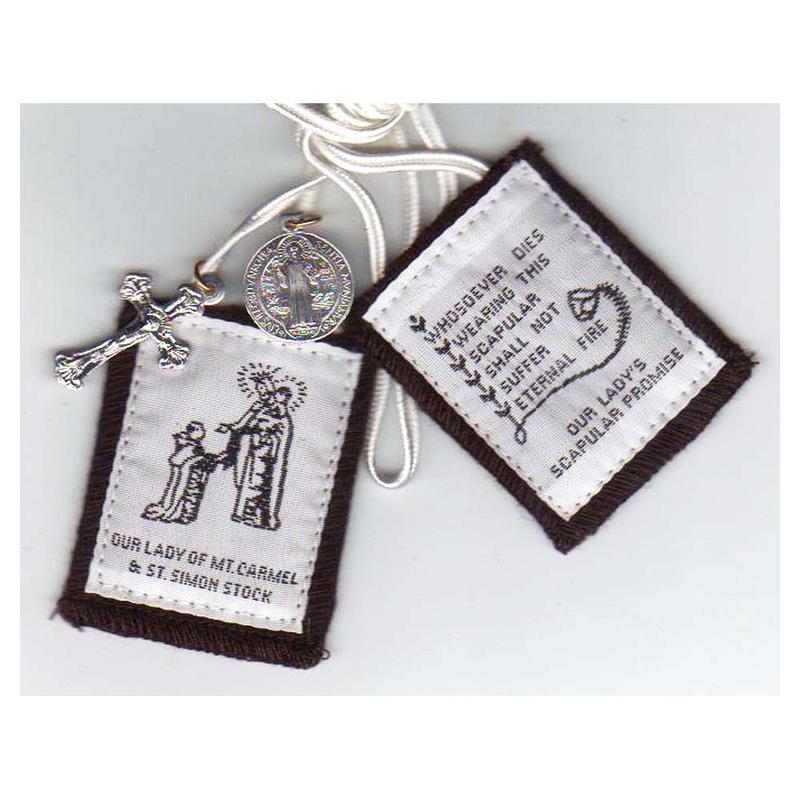 Traditional Brown Scapular with White Cord - includes St, Benedict Jubilee Medal