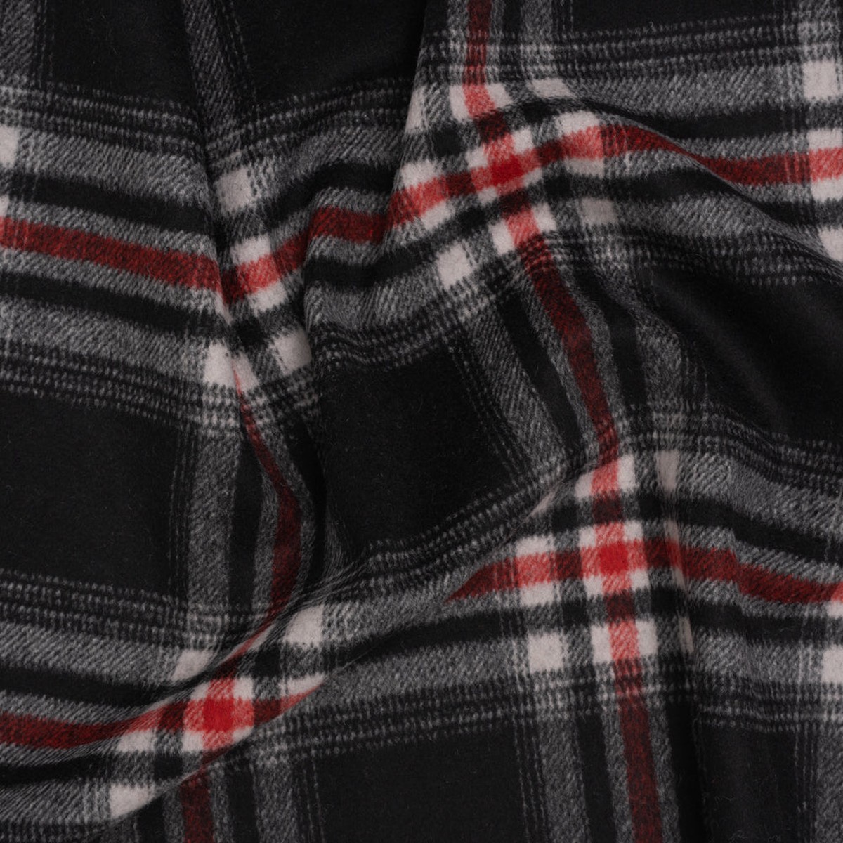 Brushed Wool Blend Twill Coating - Black Red and White Plaid - Deadstock