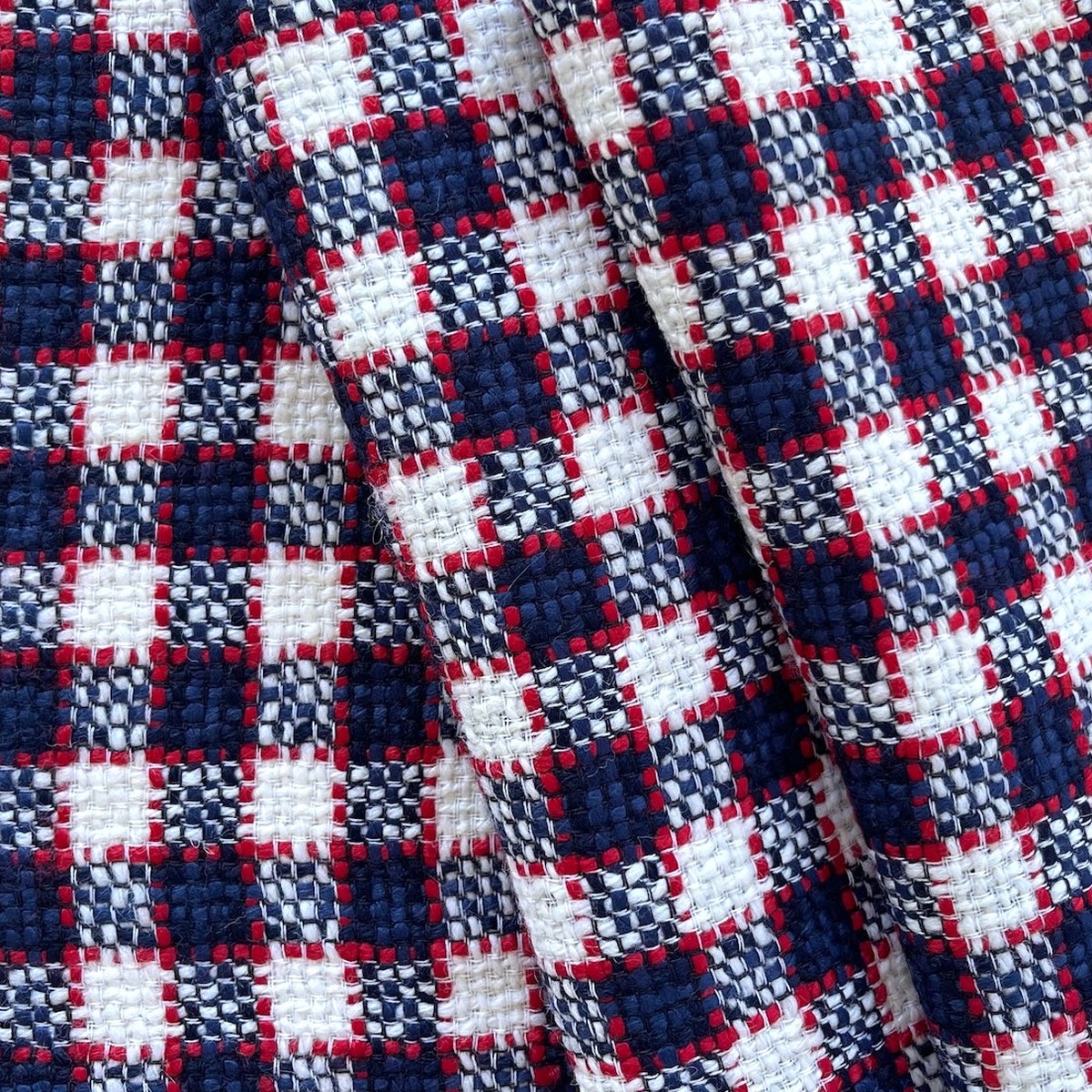 Mid-Weight Checked Red, Ice & Bright Navy Wool Blend Boucl (Made in Italy)