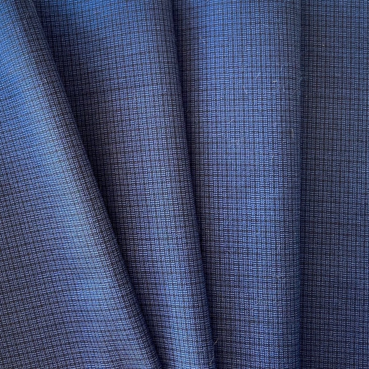 Betto Navy Basketweave Check Wool & Cotton Blend Suiting (Made in Italy)