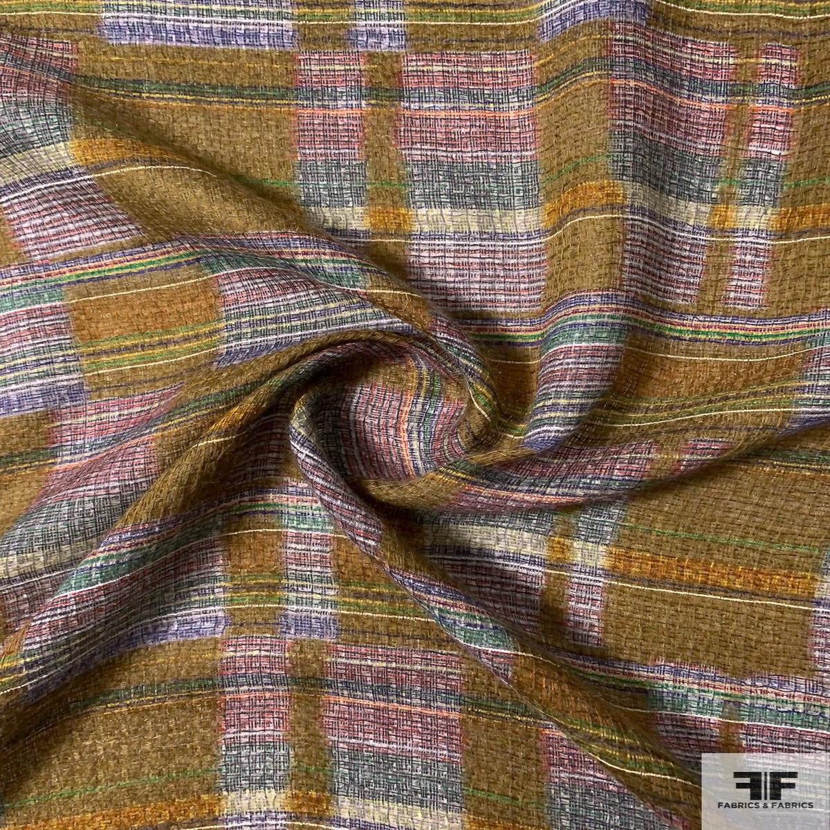 Italian Geo-Plaid Loosely Woven Gauze-Like Printed Novelty Wool - Dusty Ochre / Multicolor