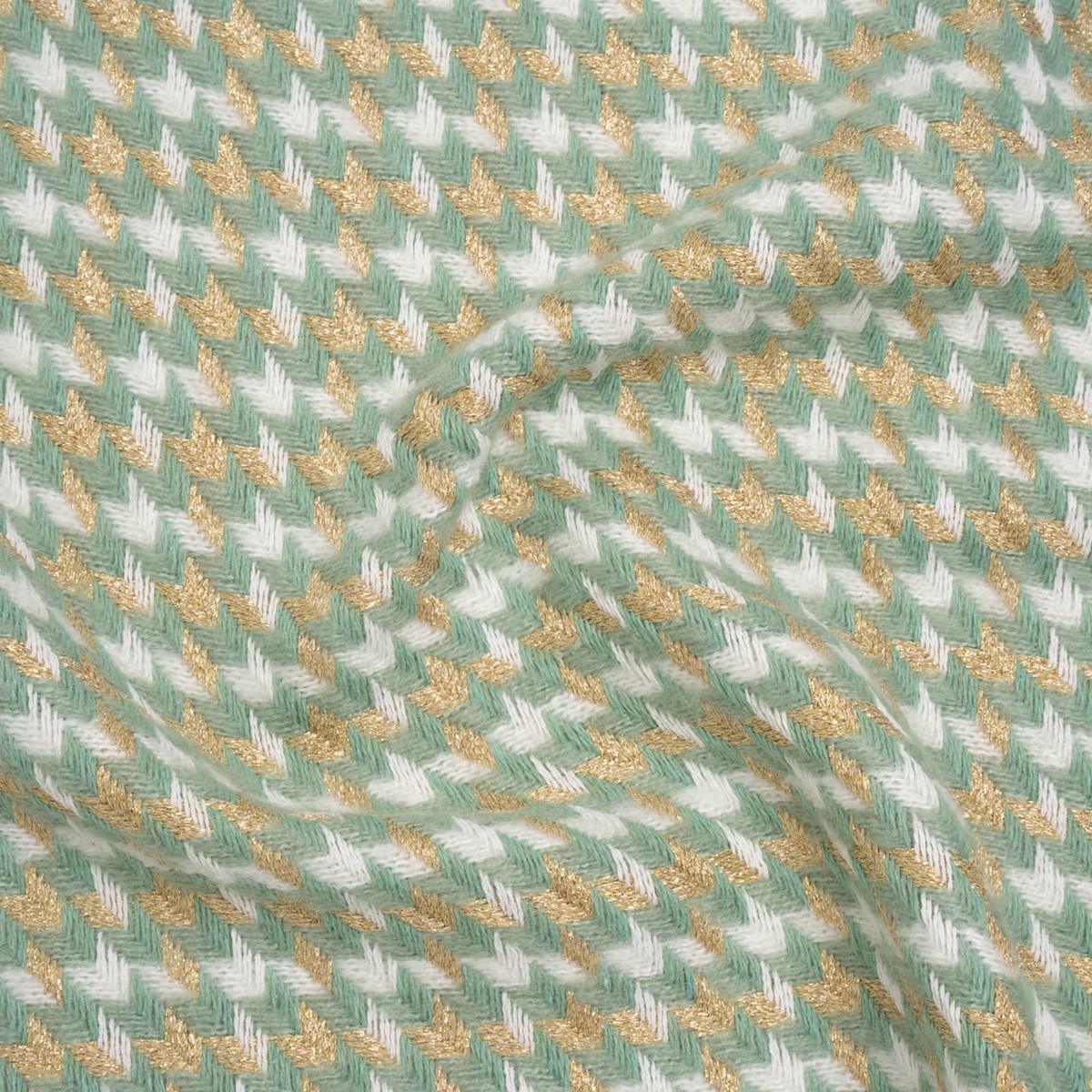Metallic Wool and Acrylic Tweed Twill - Mint Green Gold and White Geometric - Deadstock