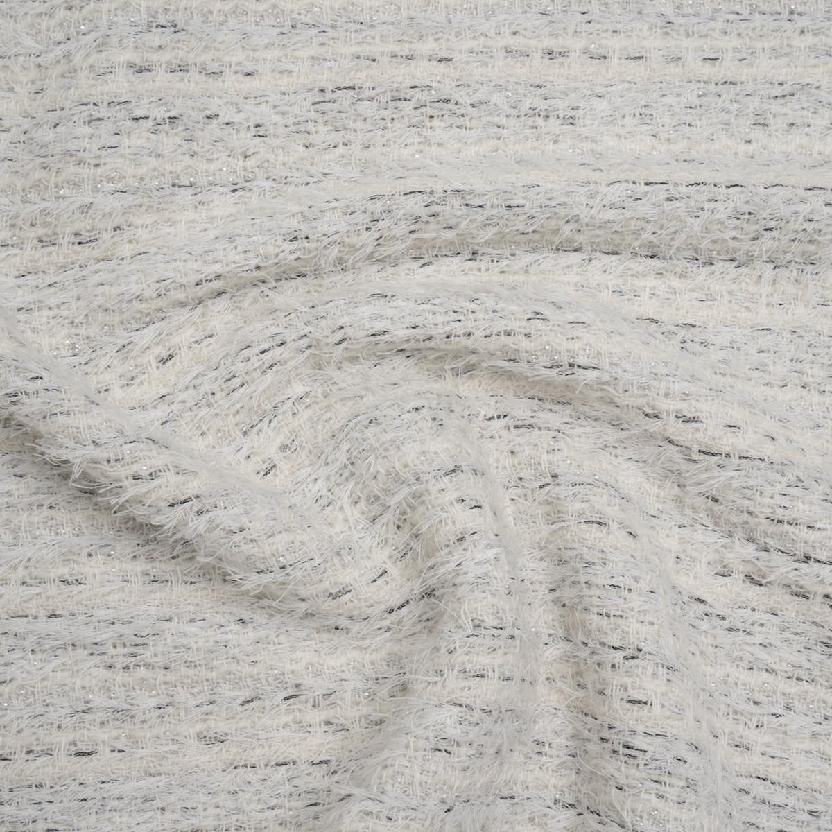 Metallic Wool Blend Tweed with Eyelash Fringe Made in Italy - White, Charcoal and Silver Stripes