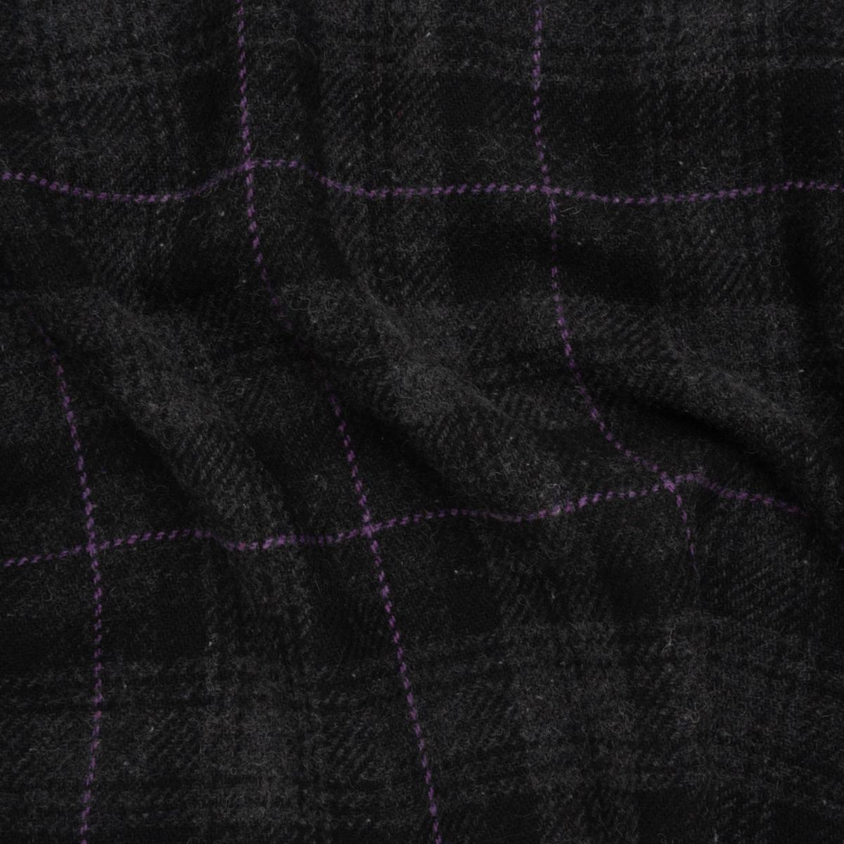 Wool Blend Twill Tweed - Black, Gray and Purple Plaid
