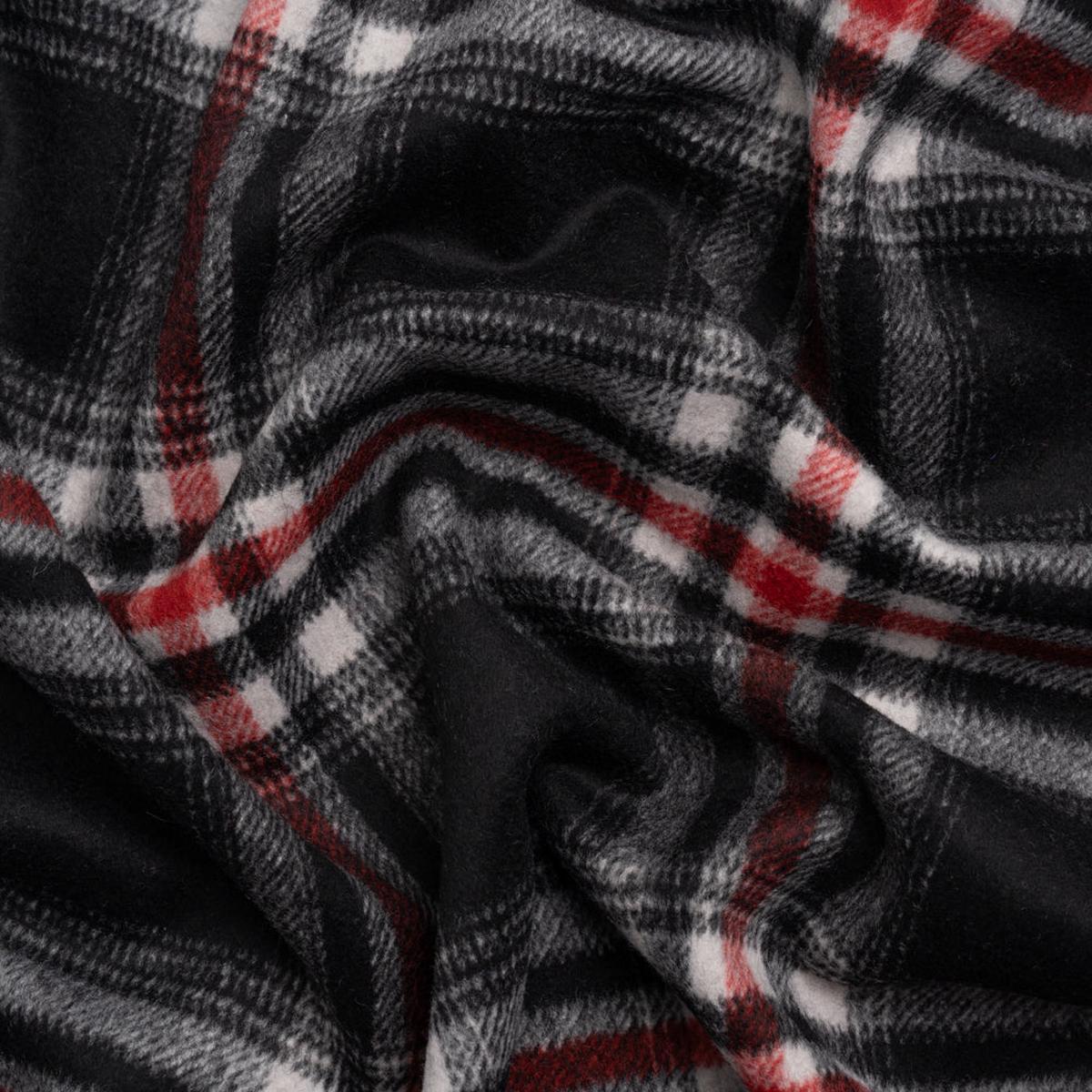 Black, Red and Cream Plaid Brushed Wool Blend Twill Coating