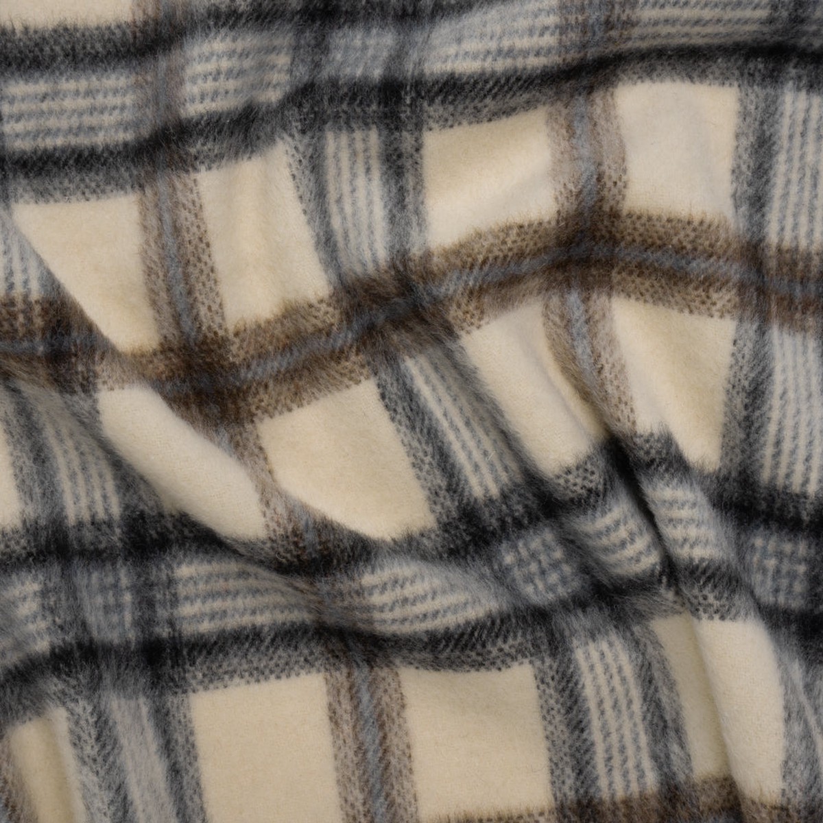 Brushed Wool Blend Twill Tweed - Black Brown and Cream Beige Plaid