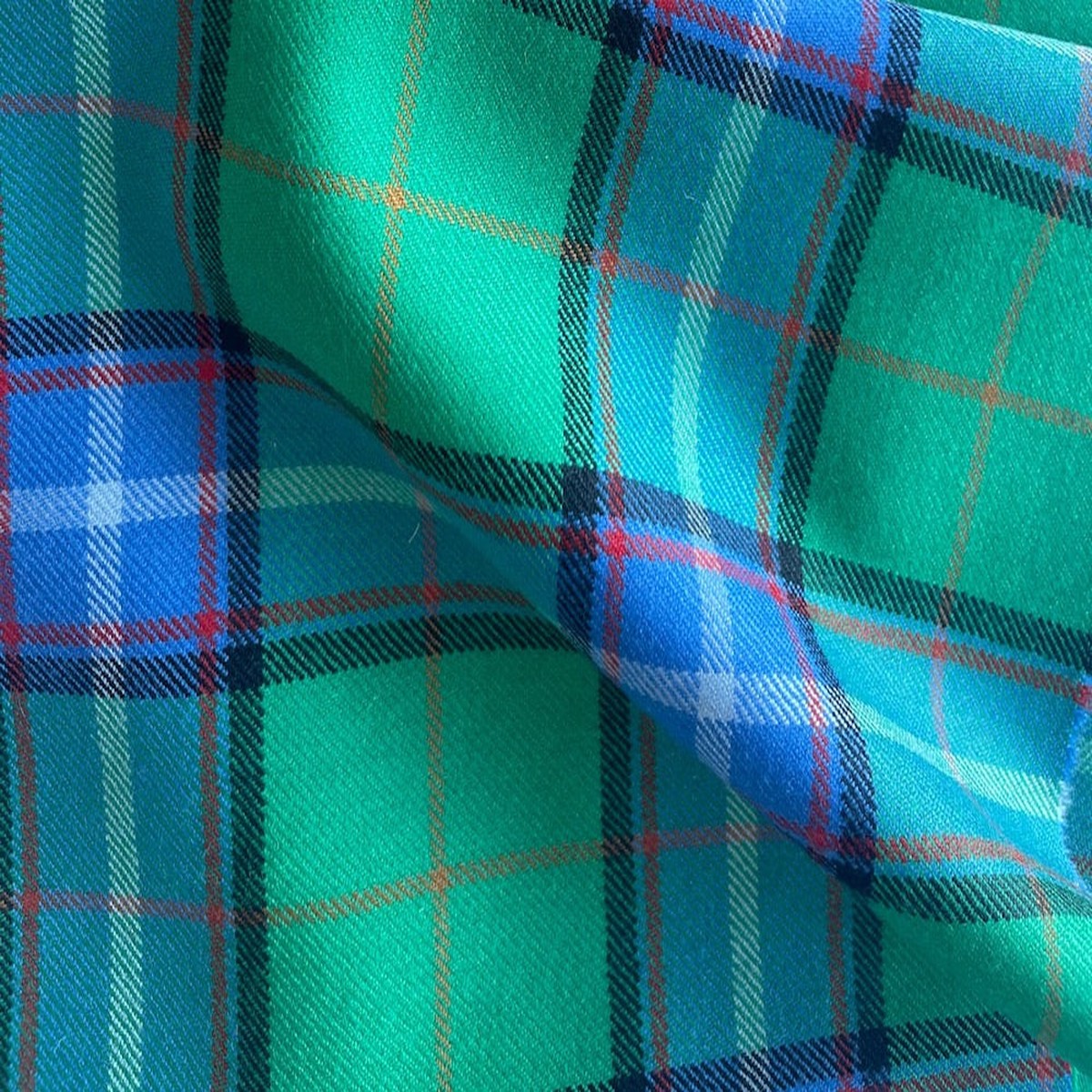 Smooth Sea Green, Bright Denim & Black Virgin Wool Tartan (Made in Italy)