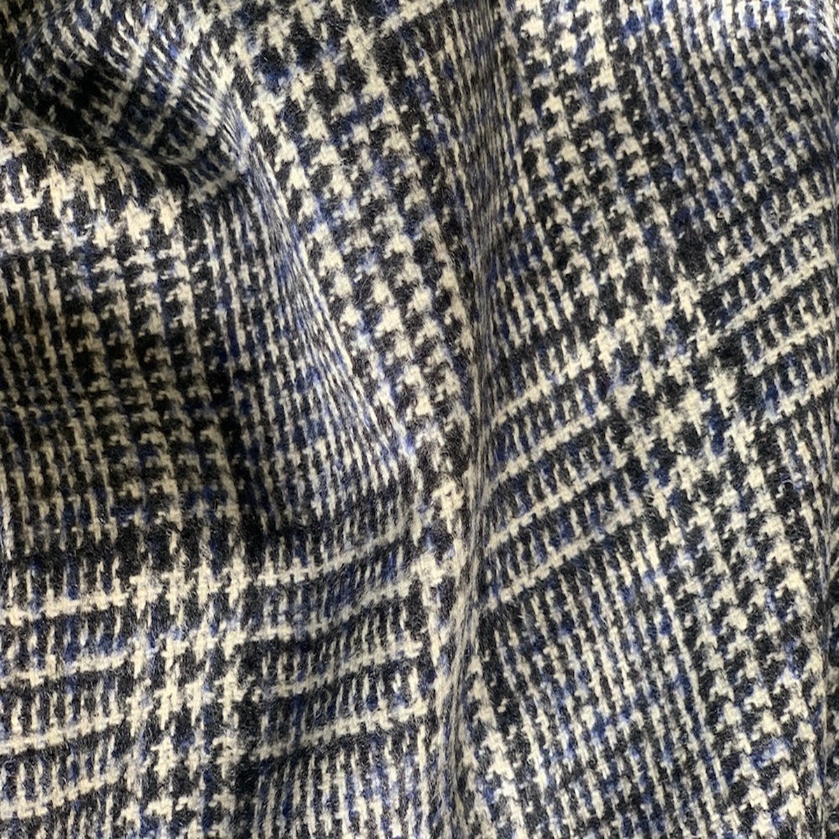 Soft Black, White & Royal Blue Houndstooth Plaid Wool (Made in Italy)