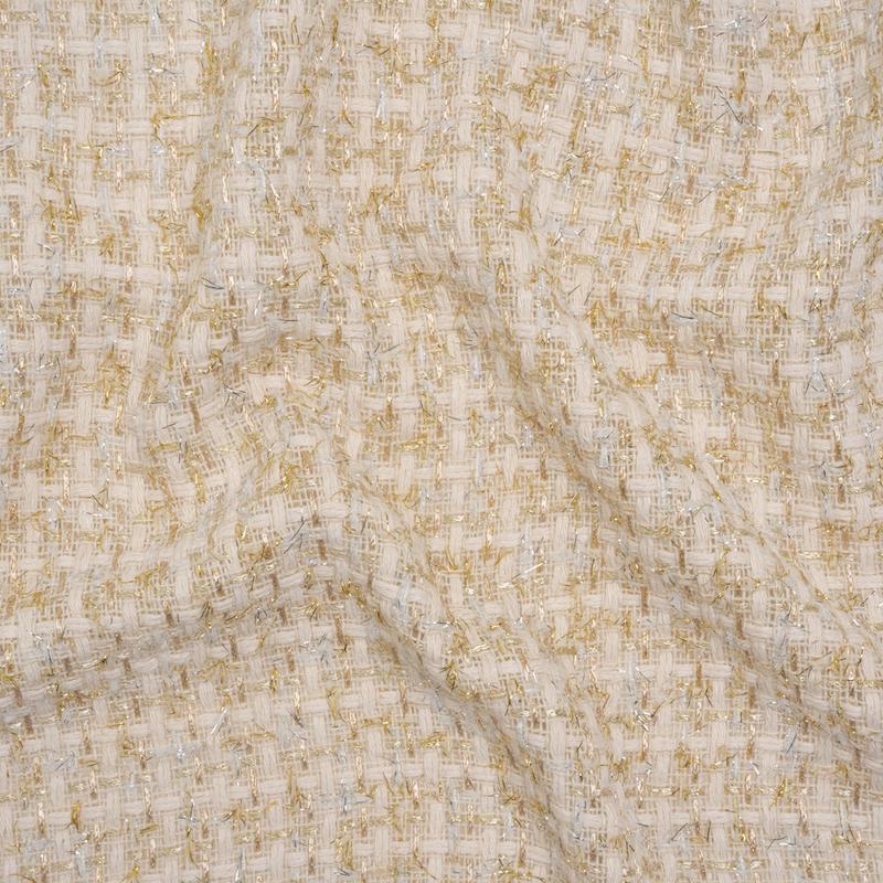Wool Blend Tweed with Silver and Gold Eyelash Fringe - Cream Checks - Deadstock