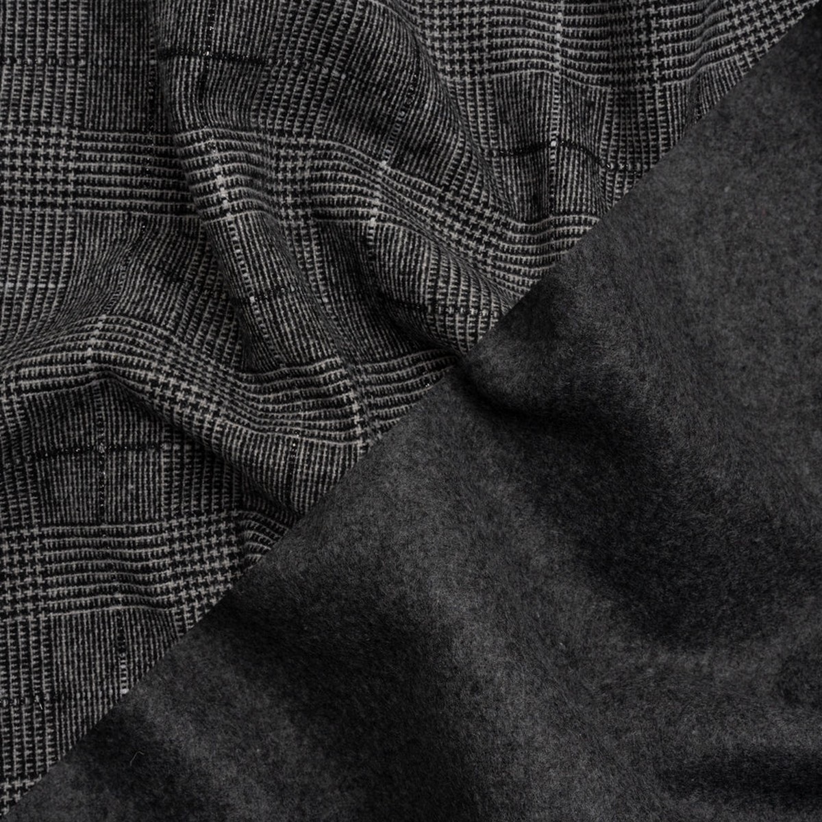 Black White and Gray Glen Plaid Wool Blend Double Cloth Coating with Metallic Accents