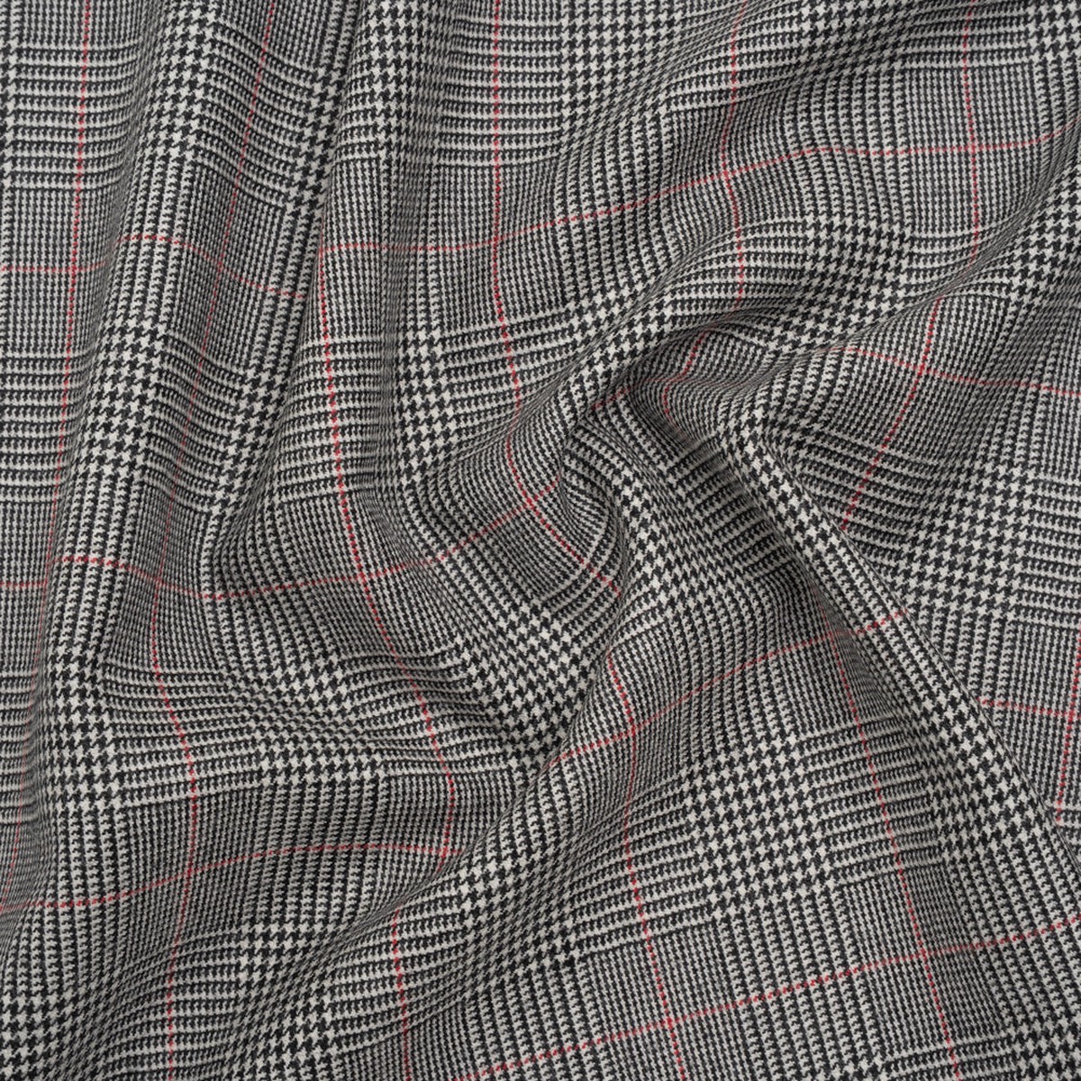 Brushed Virgin Merino Wool Twill - Black White and Red Glen Plaid