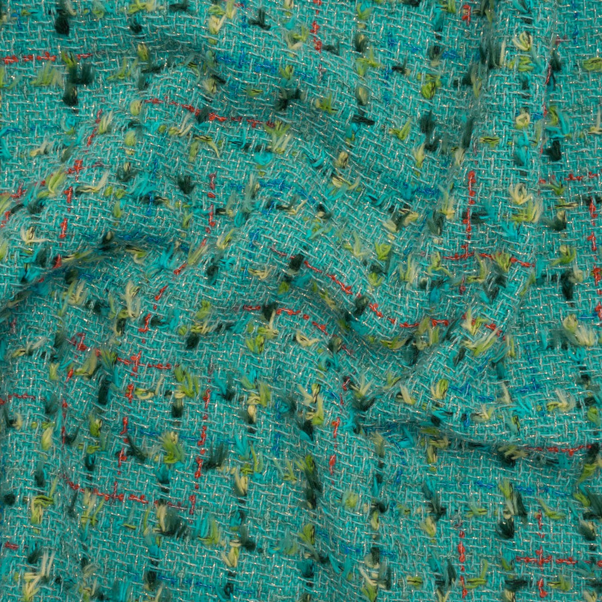 Metallic Wool Blend Tweed with Fringe-Like Inclusions Made in Italy - Teal Green and Gold Checks - Deadstock