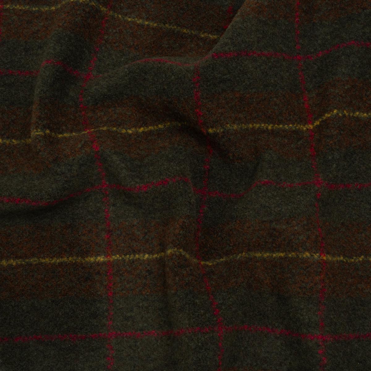 Brushed Tweedy Wool Boucle Coating - Green, Brown and Yellow Plaid - Deadstock