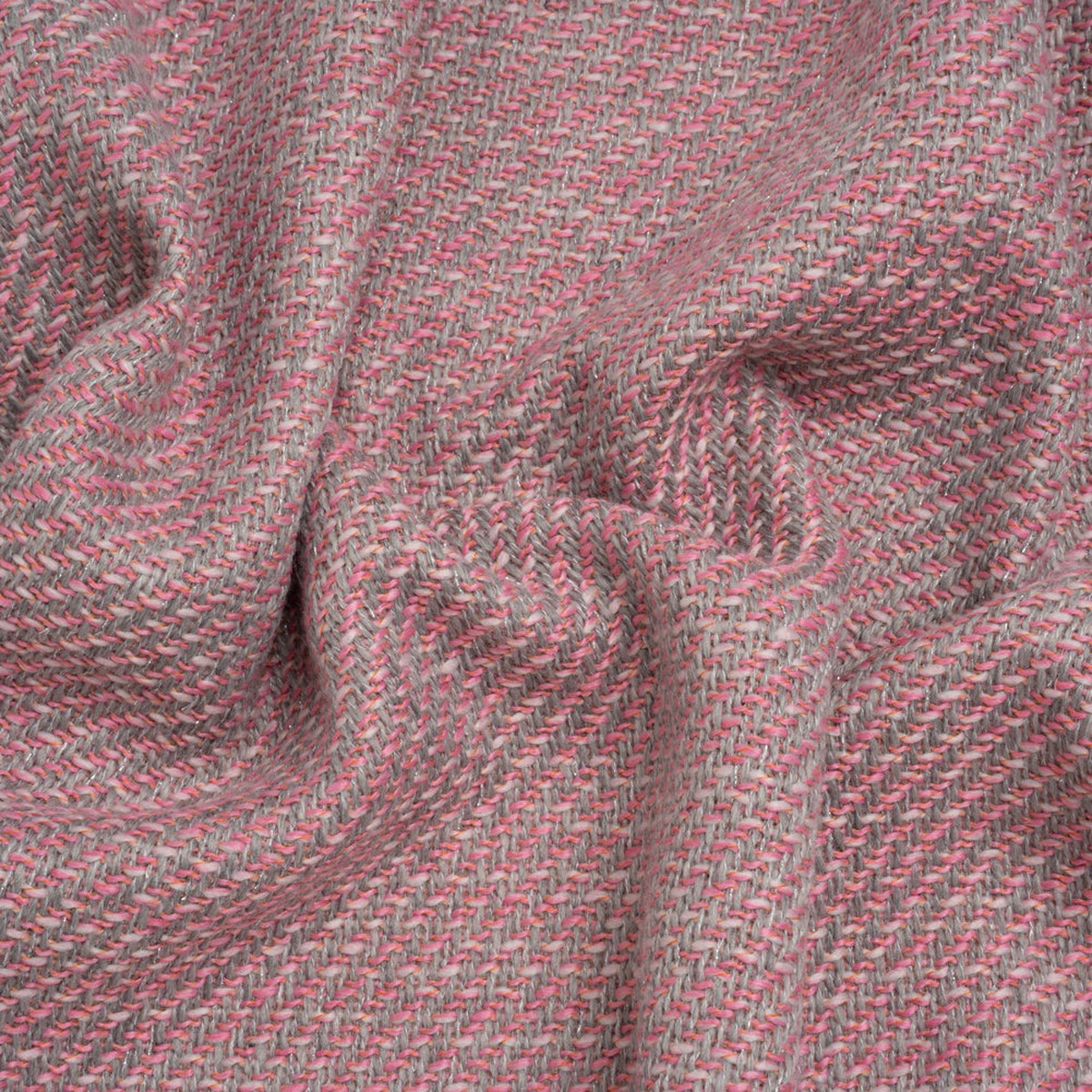 Metallic Wool and Polyester Tweedy Twill - Silvery Gray Bubblegum Pink and Orange - Deadstock