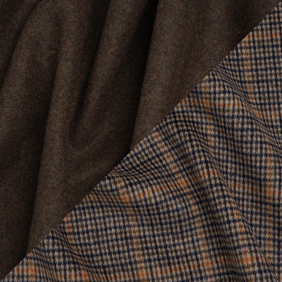 Brushed Wool Blend Double Cloth Coating - Brown Blue and Orange Tattersall Checks with Heathered Brown Back - Deadstock