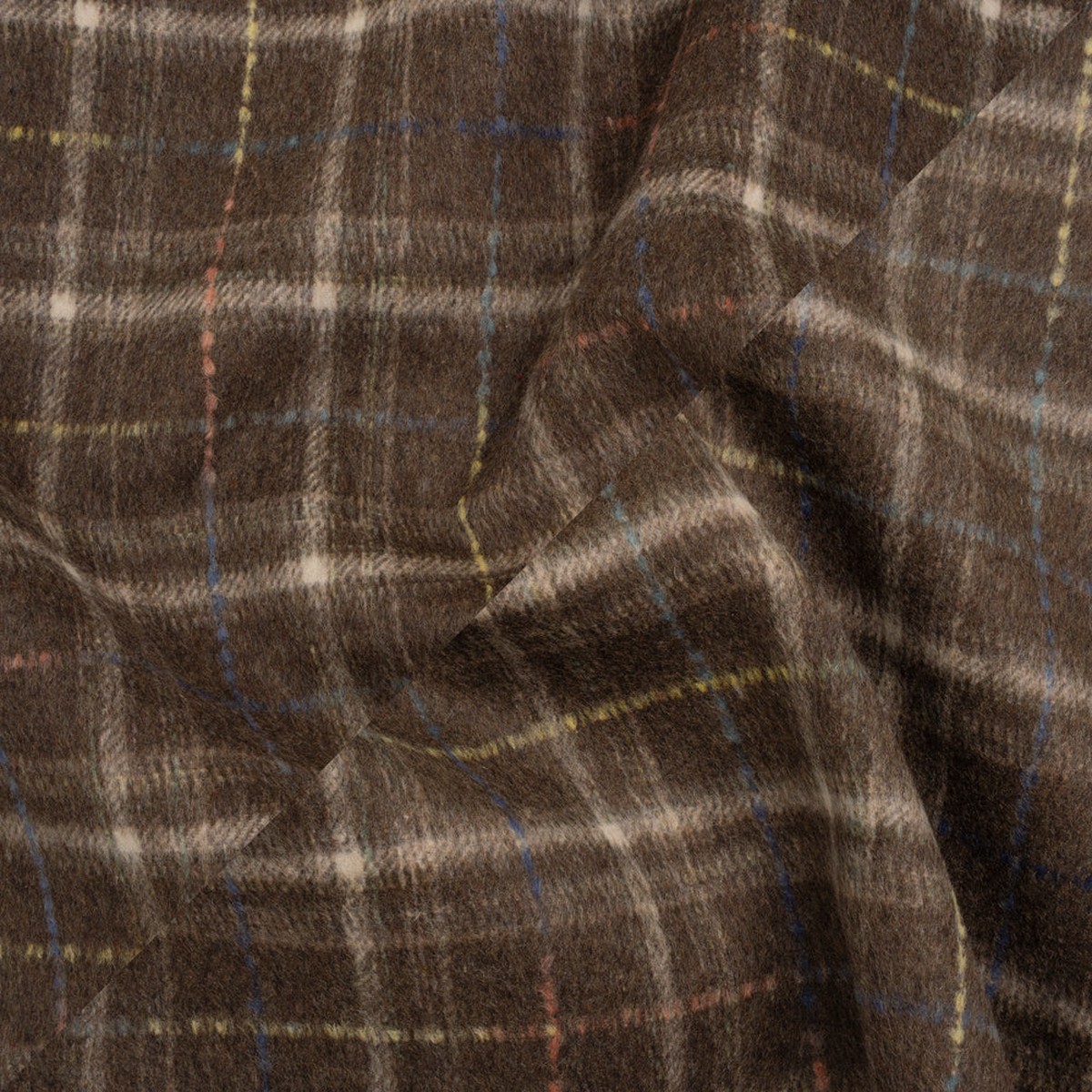 Brushed Wool Double Cloth Coating - Brown Cream and Blue Plaid - Deadstock