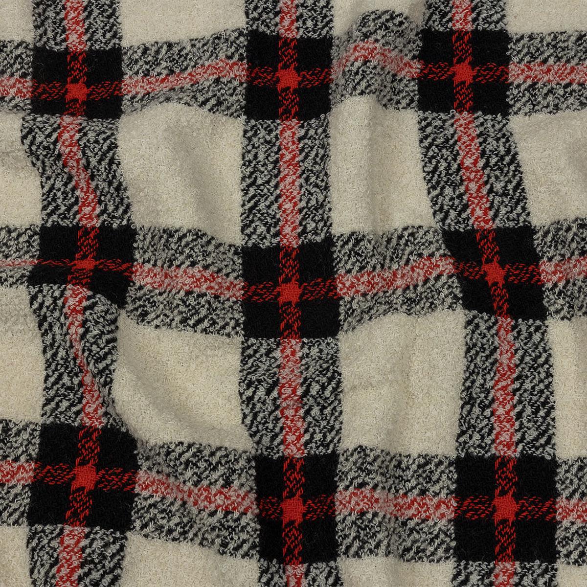 Famous Designer Cream, Black and Red Plaid Blended Wool Boucle Coating