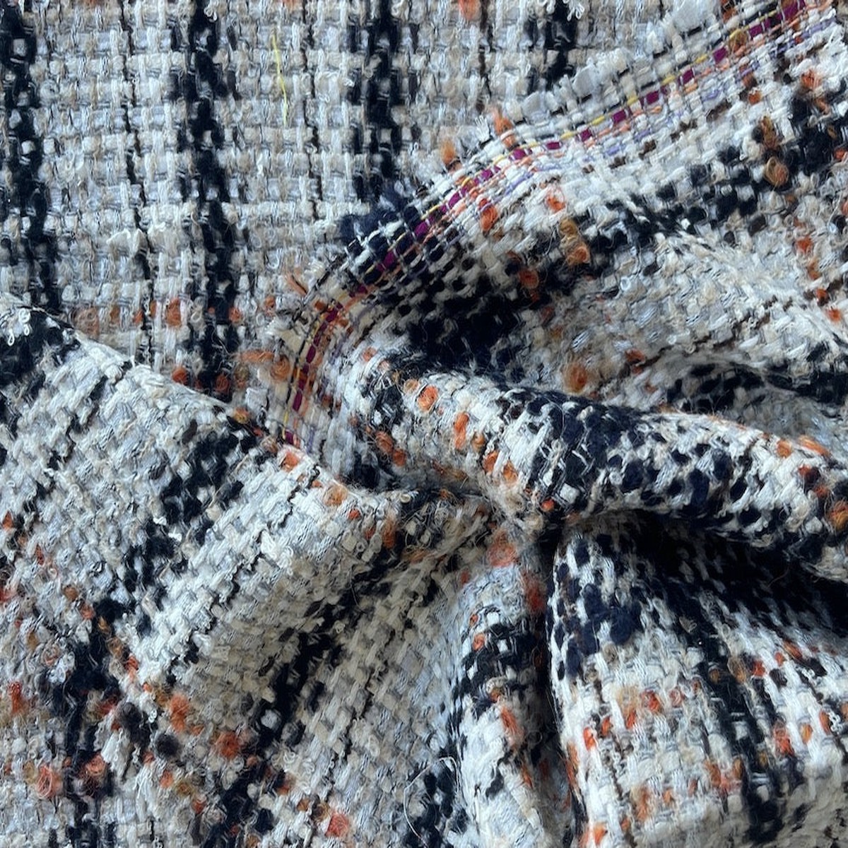 Airy Persimmon, Iced Cream & Onyx Plaid Wool Blend Boucl (Made in Italy)