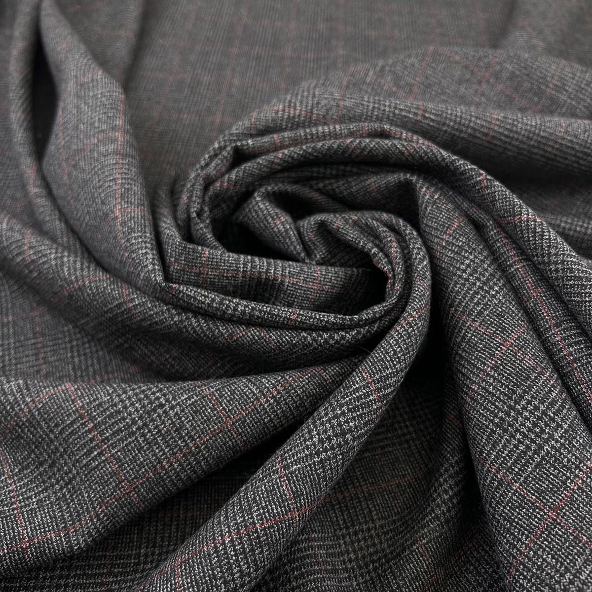 Dark Gray Prince Of Wales Wool With Red Crossed Stripes