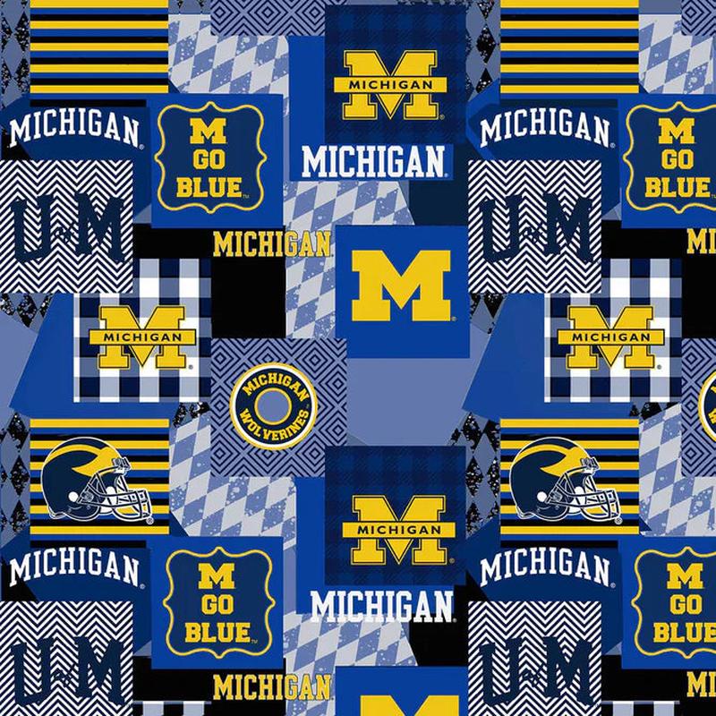 Michigan Wolverines NCAA College Patch Allover Blue Sykel 60" Polyester Minky Fabric SYK-MCHG-1367