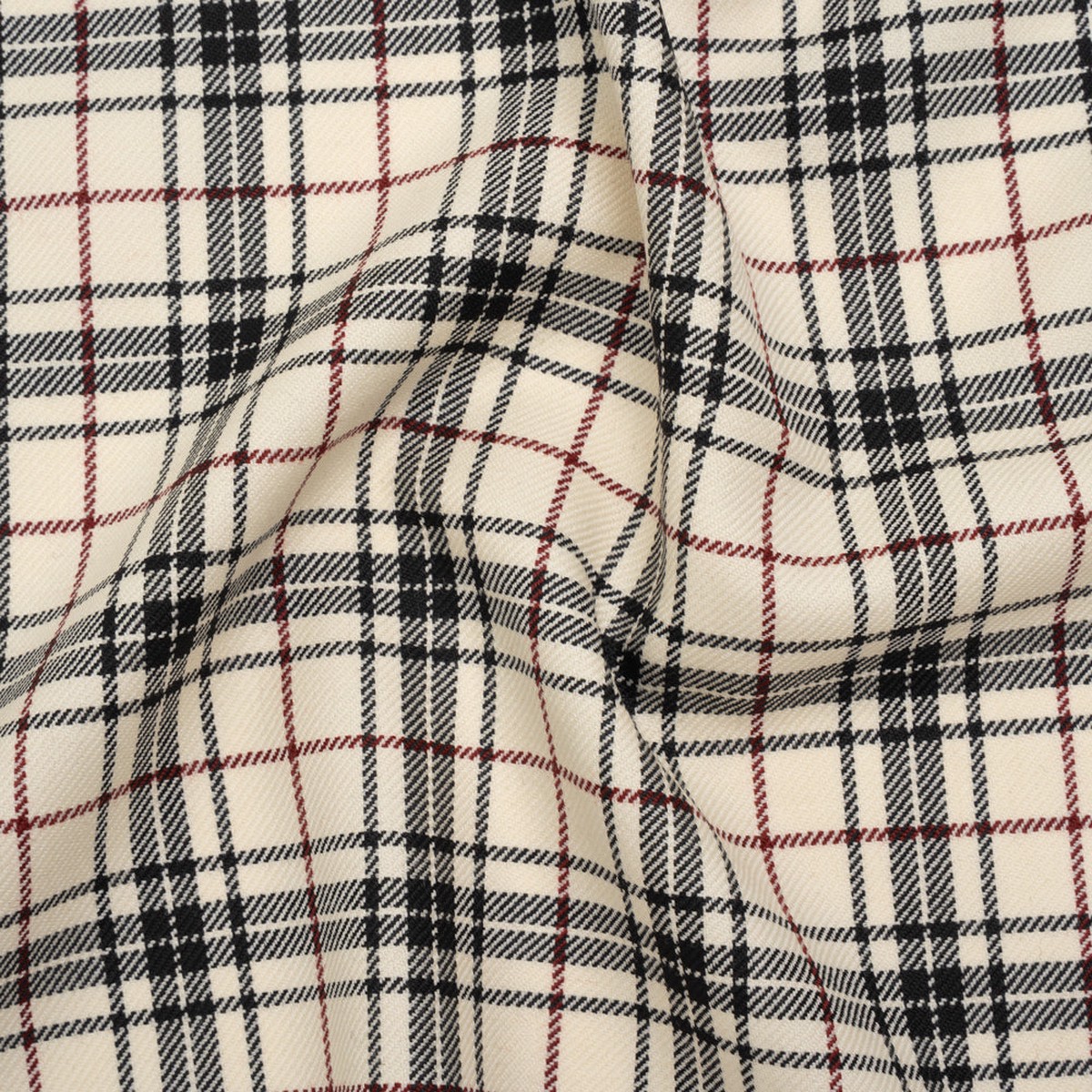 Virgin Wool Twill Made in Italy - Off White Black and Wine Red Plaid