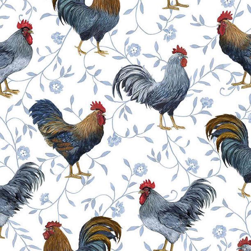 Country Blue Collection Roosters All Over Cotton Fabric 39901