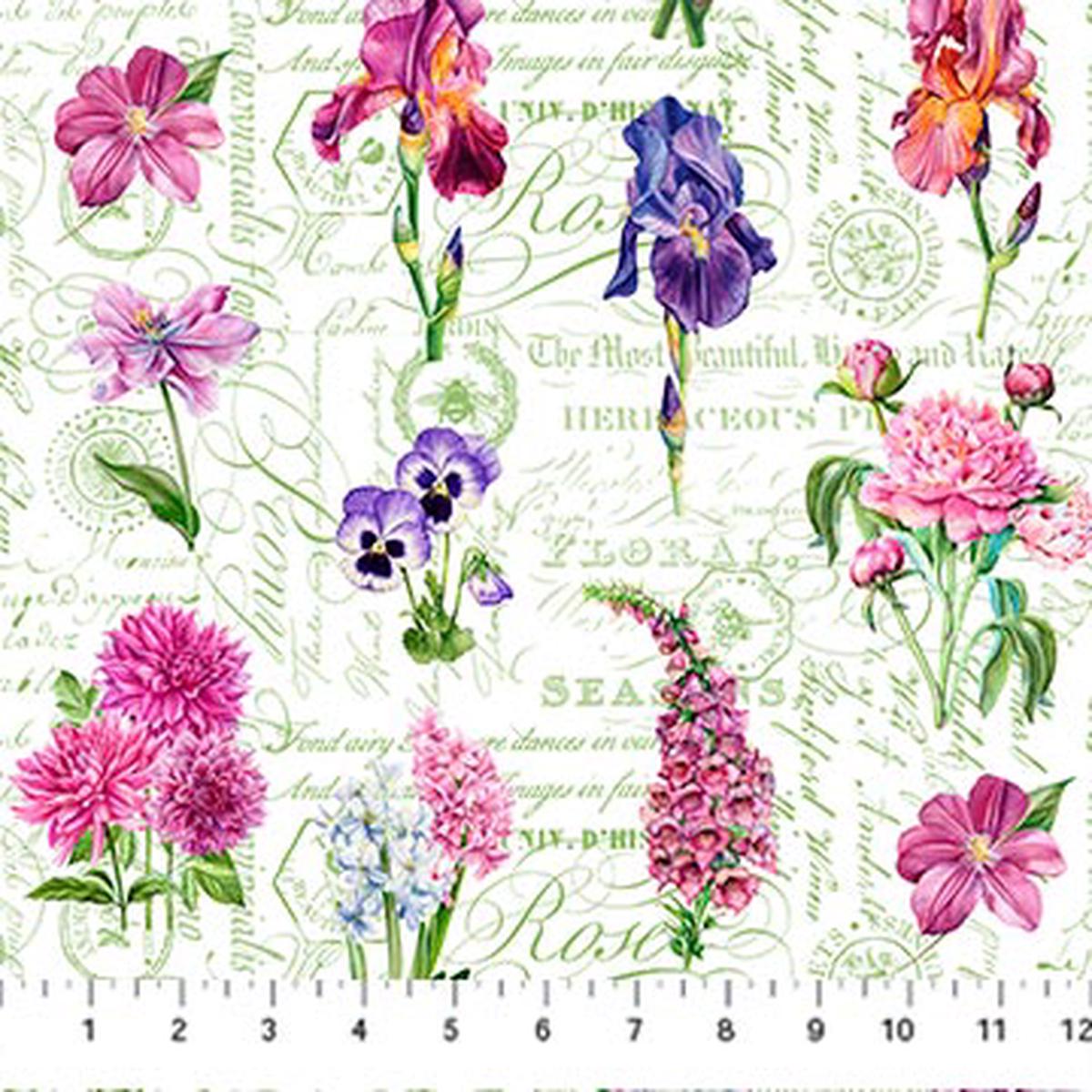 Deborah's Garden Collection Flowers on Text Cotton Fabric DP25592