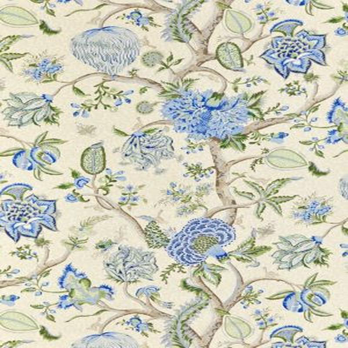 Scalamandre Fabric Pondicherry Cotton Print Blue Green On Cream
